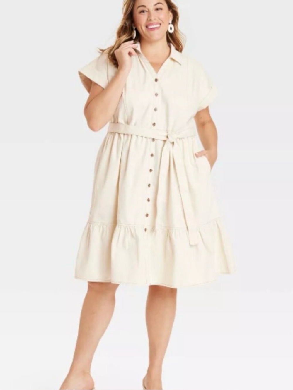Ava & Viv Cream Button Front Shirt Dress Belted Tiered Hem Plus Size denim XXL